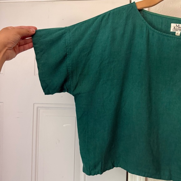 ME & ARROW teal green linen cotton boat neck boxy cropped short sleeve shirt top - Picture 2 of 6
